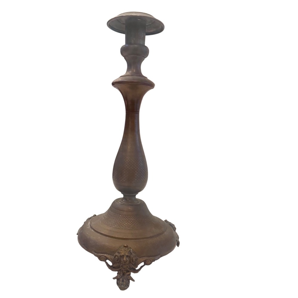 Vintage Lion Head Candlestick Gothic Ornate Tripod Base Antique Patina
11"